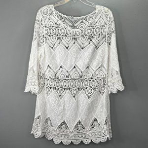 Celesta Boho Lace Crochet White Tunic Top size L Women Coastal Cowgirl Beach